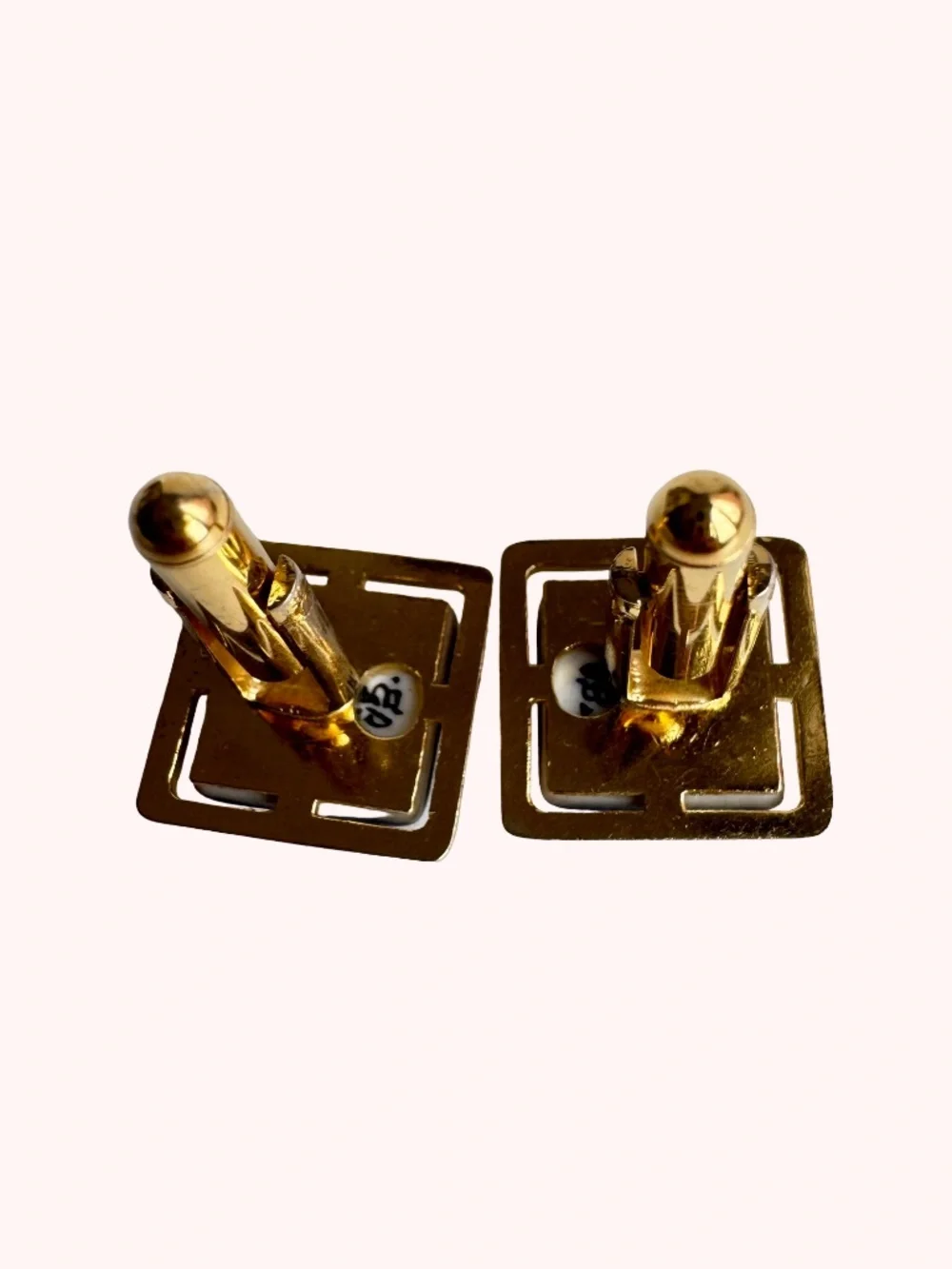 Vintage Gen Marked Cufflinks Tie Tack Blue Green Porcelain Gold Tone Square Gift